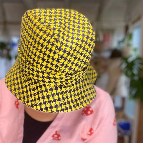 Vintage Preppy Trendy Yellow & Purple Houndstooth Print Reto Bucket Hat - Picture 11 of 11